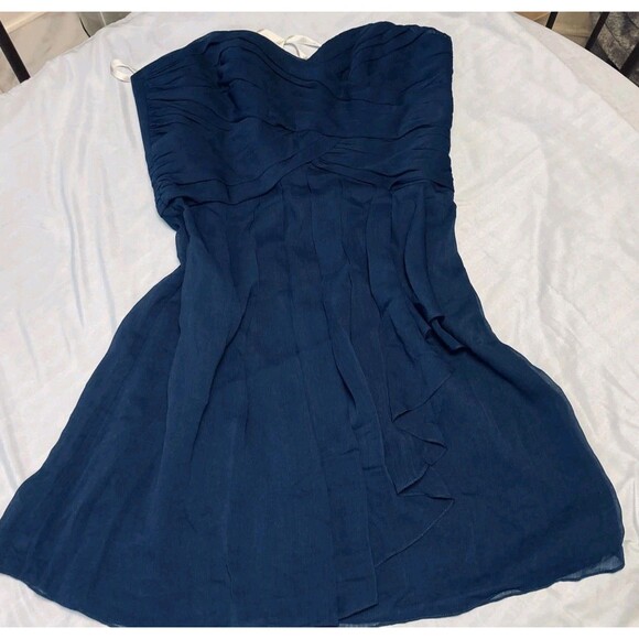 David's Bridal Dress Sz 2 Navy Blue Strapless Chiffon Brides Formal Cocktail - Picture 2 of 11
